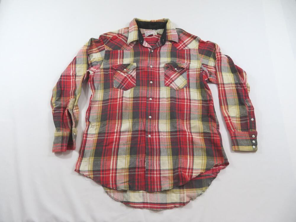 Wrangler Flannel Pearl Snap Shirt Extra Long Tails Red Beige Sz 17.5-35 1970s